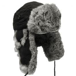 MFH Winter Cap Black with Grey Rabbit Fur