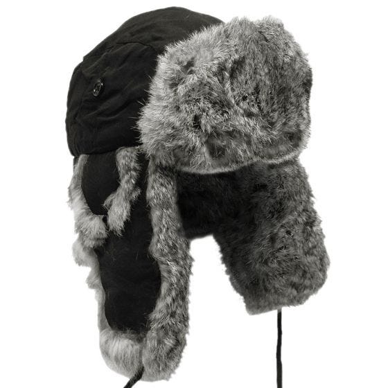 MFH Winter Cap Black with Grey Rabbit Fur